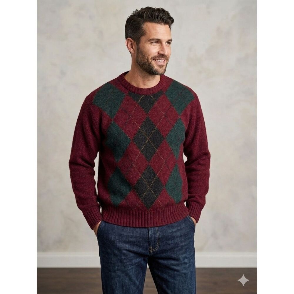 100% Shetland Wool Red Argyle Sweater Made in Ireland Size Large Mens